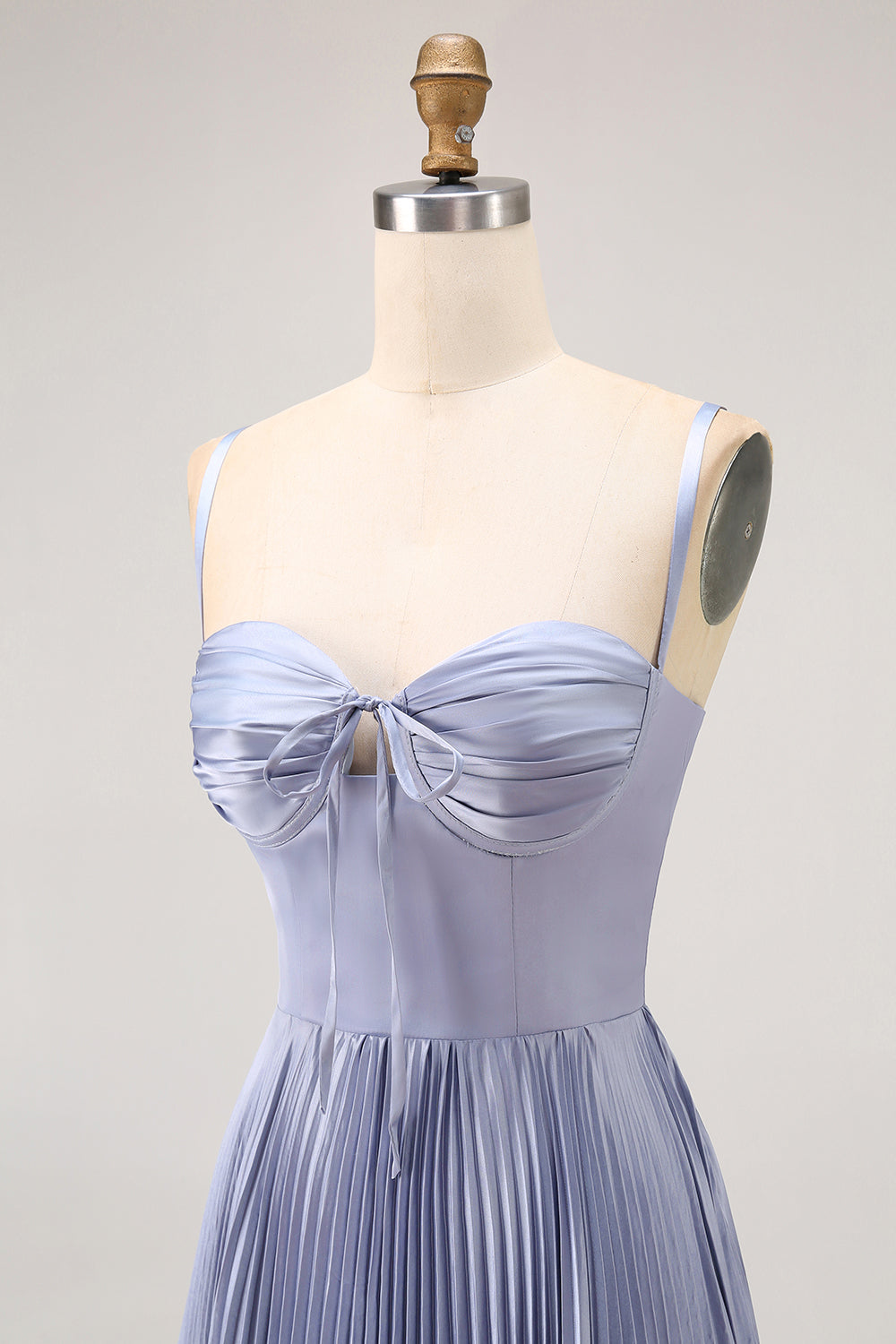 Dusty Blue Sheath Satin Pleated Long Bridesmaid Dress with Bow
