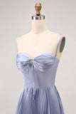 Dusty Blue Sheath Satin Pleated Long Bridesmaid Dress with Bow