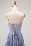 Dusty Blue Sheath Satin Pleated Long Bridesmaid Dress with Bow