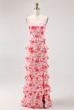 Pink Floral Ruffled Sheath Long Bridesmaid Dress with Slit