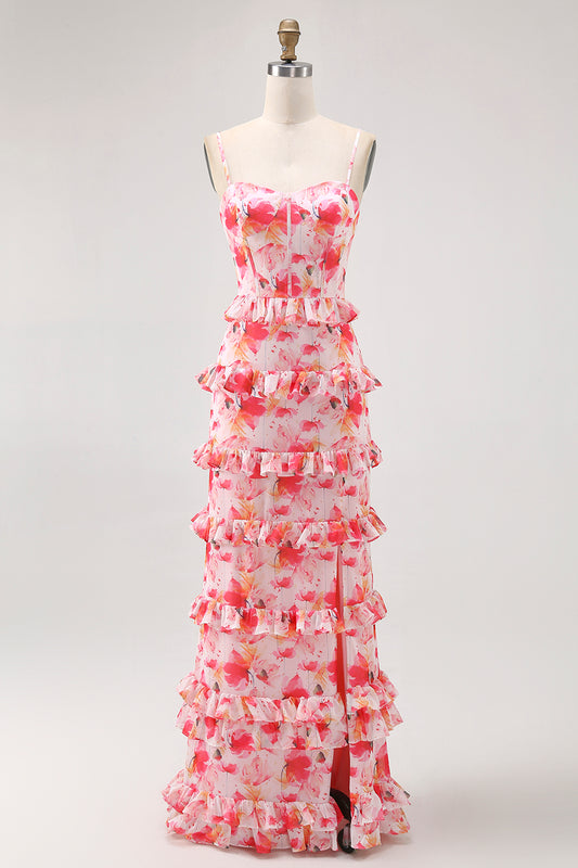 Pink Floral Sheath Ruffled Long Bridesmaid Dress with Slit