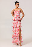 Pink Floral Ruffled Sheath Long Bridesmaid Dress with Slit
