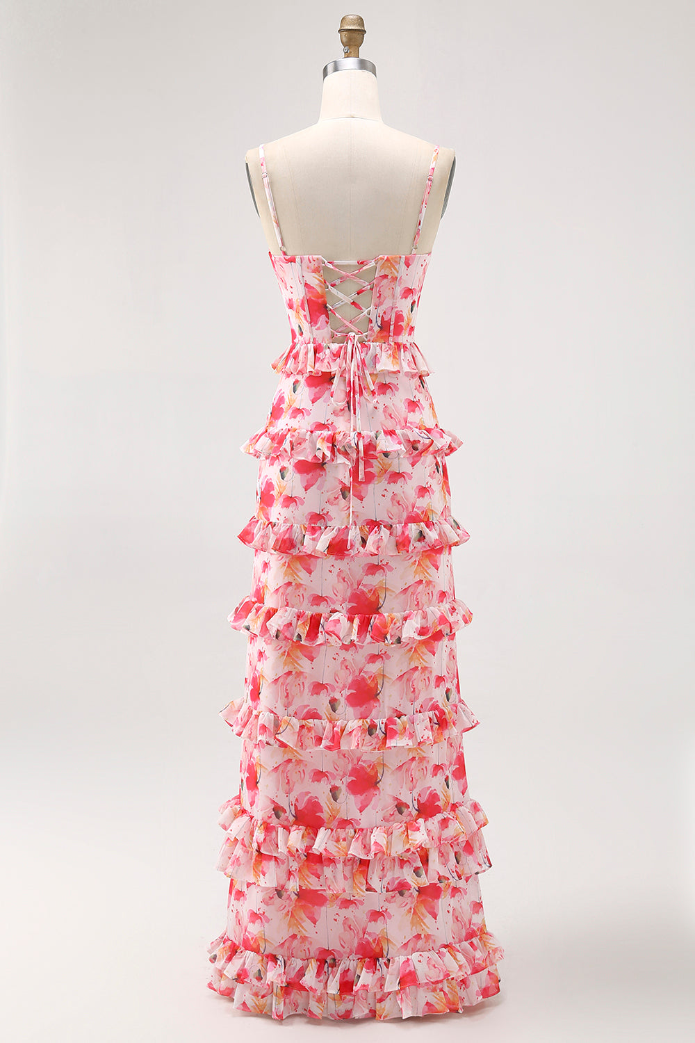 Pink Floral Ruffled Sheath Long Bridesmaid Dress with Slit