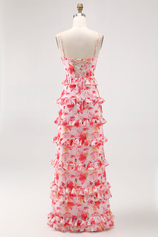 Pink Floral Sheath Ruffled Long Bridesmaid Dress with Slit