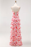Pink Floral Sheath Ruffled Long Bridesmaid Dress with Slit
