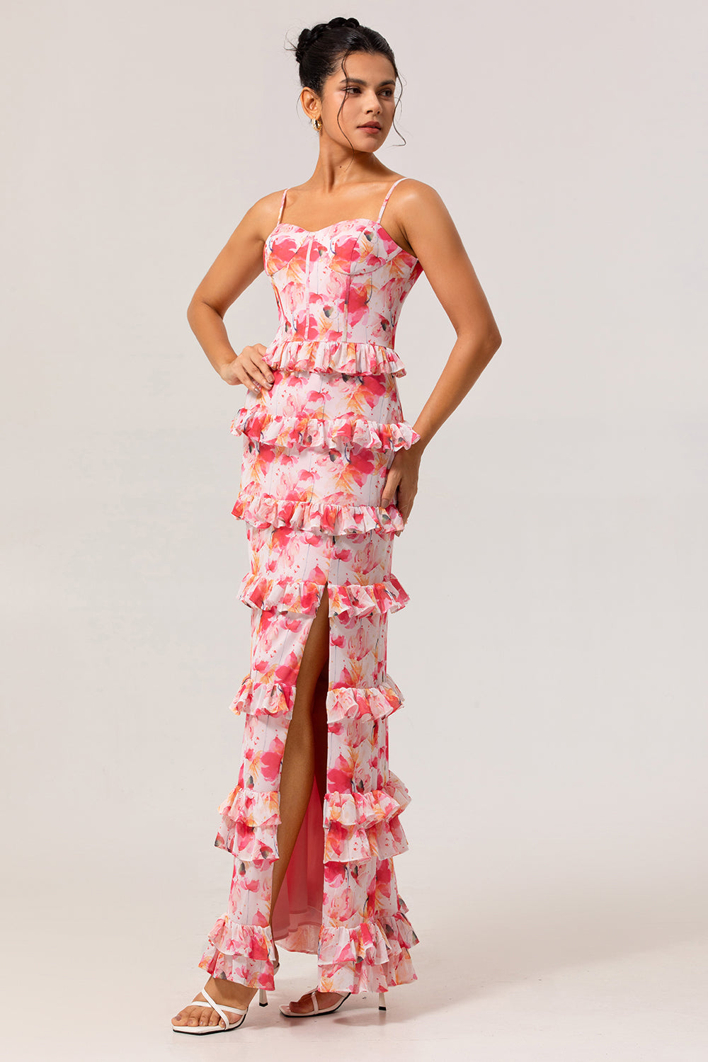 Pink Floral Ruffled Sheath Long Bridesmaid Dress with Slit