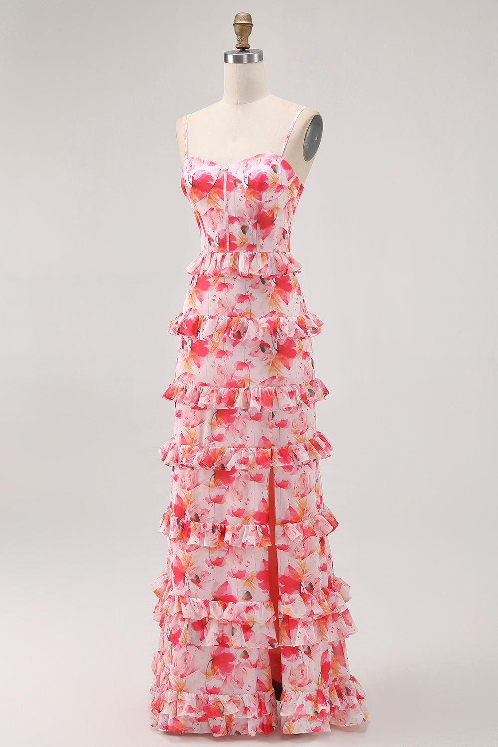 Pink Floral Sheath Ruffled Long Bridesmaid Dress with Slit