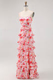 Pink Floral Sheath Ruffled Long Bridesmaid Dress with Slit