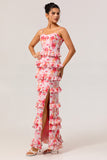Pink Floral Ruffled Sheath Long Bridesmaid Dress with Slit
