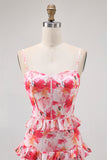 Pink Floral Sheath Ruffled Long Bridesmaid Dress with Slit