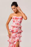 Pink Floral Ruffled Sheath Long Bridesmaid Dress with Slit
