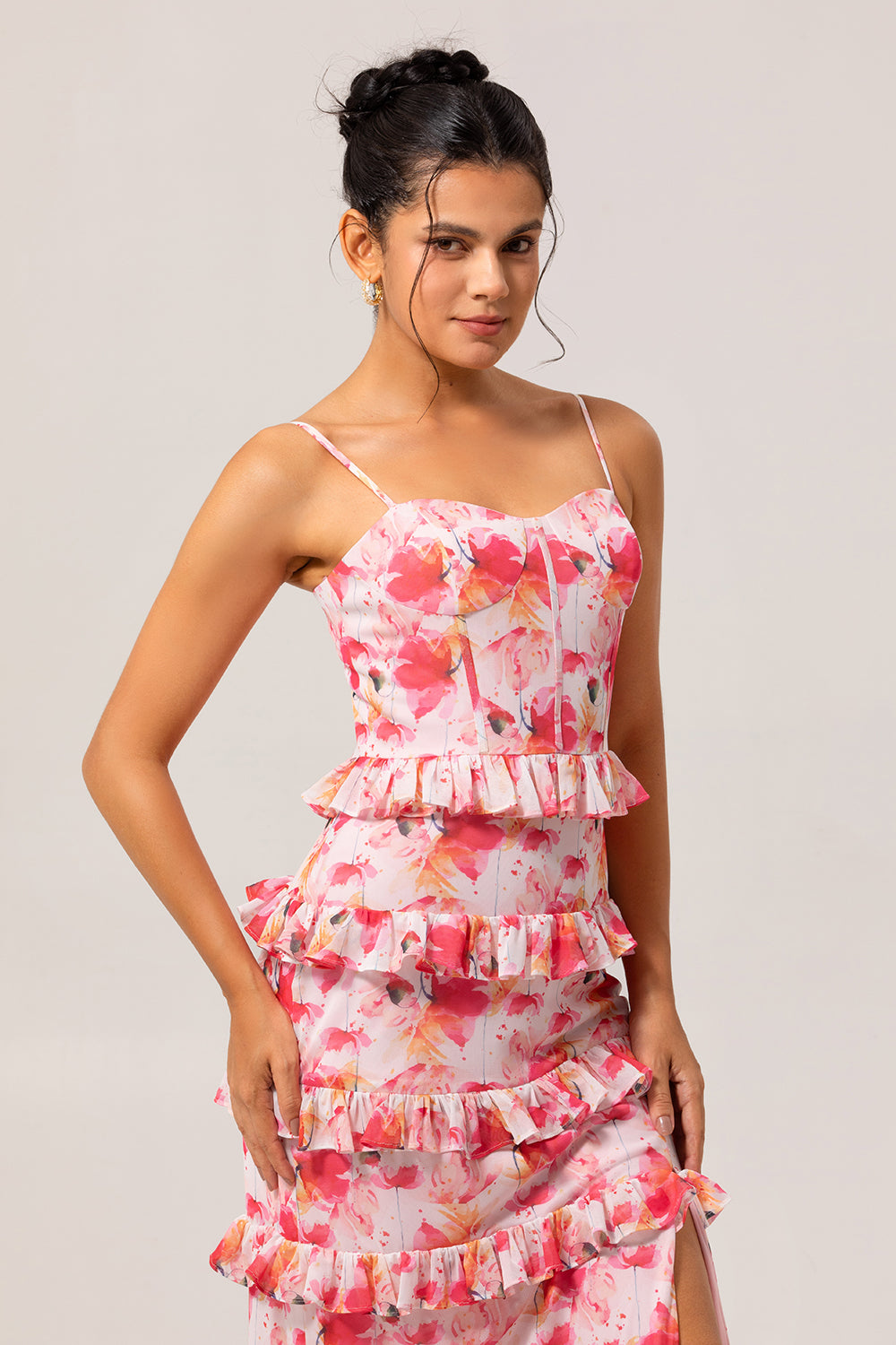 Pink Floral Ruffled Sheath Long Bridesmaid Dress with Slit