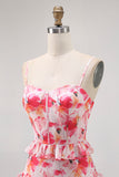 Pink Floral Sheath Ruffled Long Bridesmaid Dress with Slit