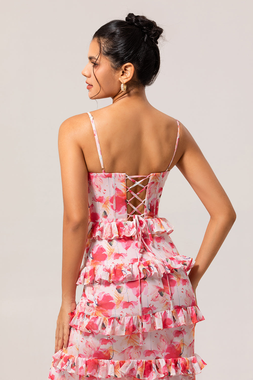 Pink Floral Ruffled Sheath Long Bridesmaid Dress with Slit