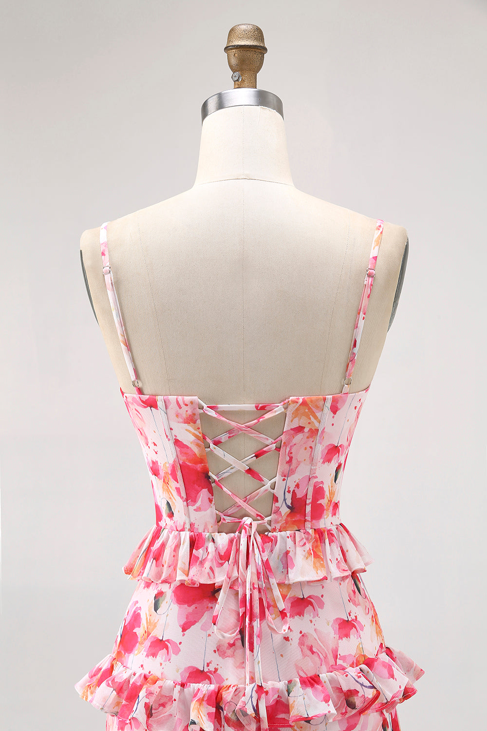Pink Floral Sheath Ruffled Long Bridesmaid Dress with Slit