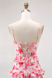 Pink Floral Sheath Ruffled Long Bridesmaid Dress with Slit