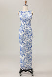 White and Blue Floral Sheath Long Wedding Guest Dress
