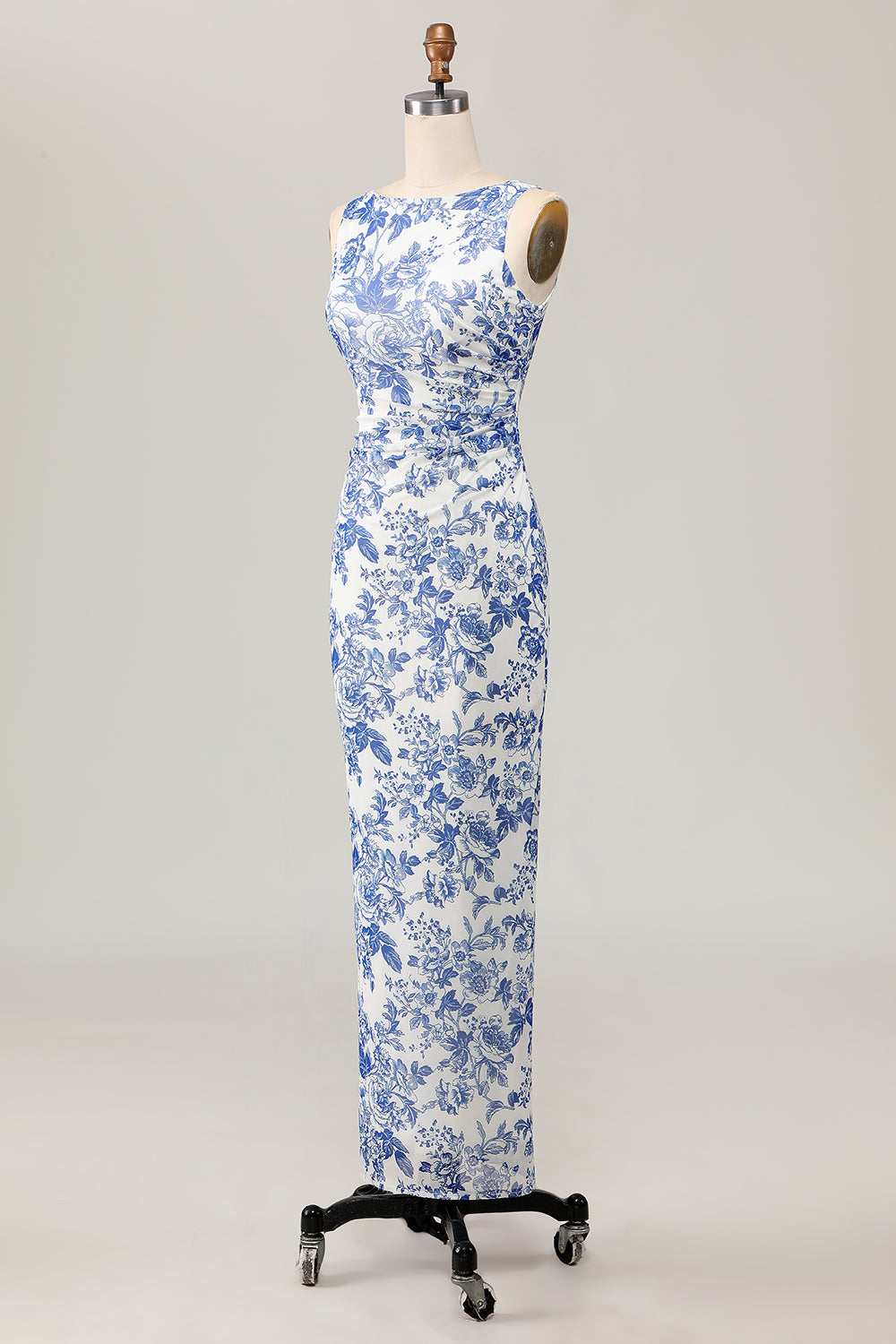 White and Blue Floral Sheath Long Wedding Guest Dress