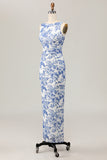 White and Blue Floral Sheath Long Wedding Guest Dress