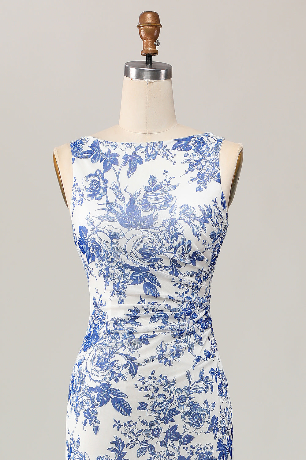 White and Blue Floral Sheath Long Wedding Guest Dress