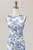White and Blue Floral Sheath Long Wedding Guest Dress