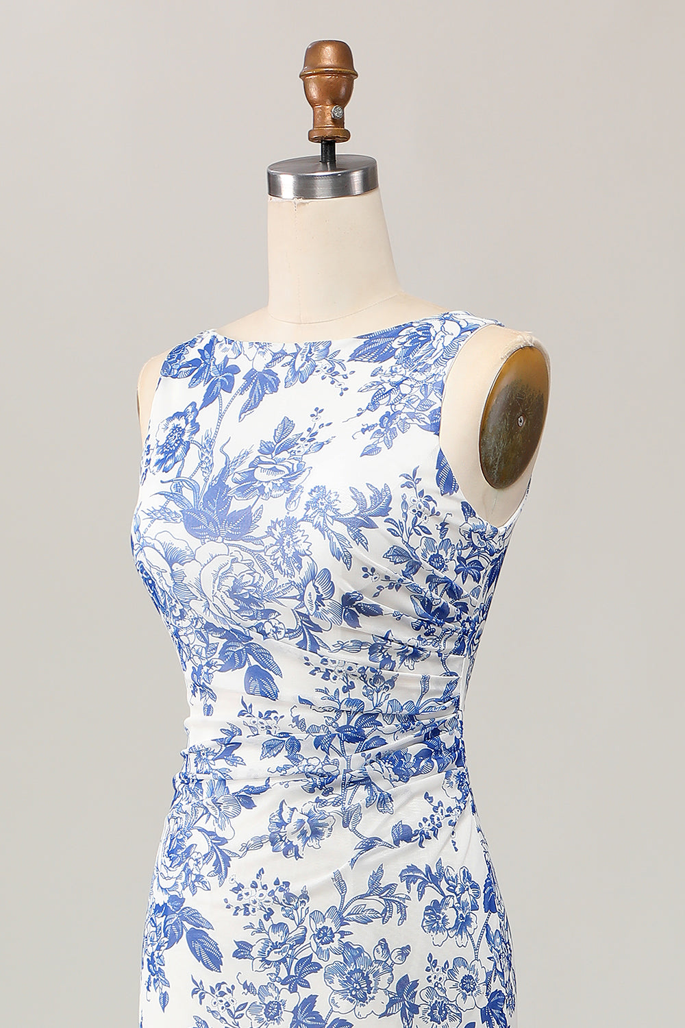 White and Blue Floral Sheath Long Wedding Guest Dress