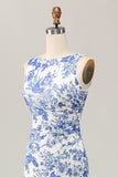 White and Blue Floral Sheath Long Wedding Guest Dress