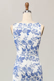 White and Blue Floral Sheath Long Wedding Guest Dress