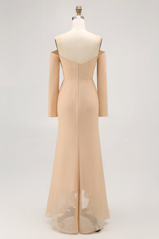 Champagne Off the Shoulder Sheath Long Bridesmaid Dress with Ruffles