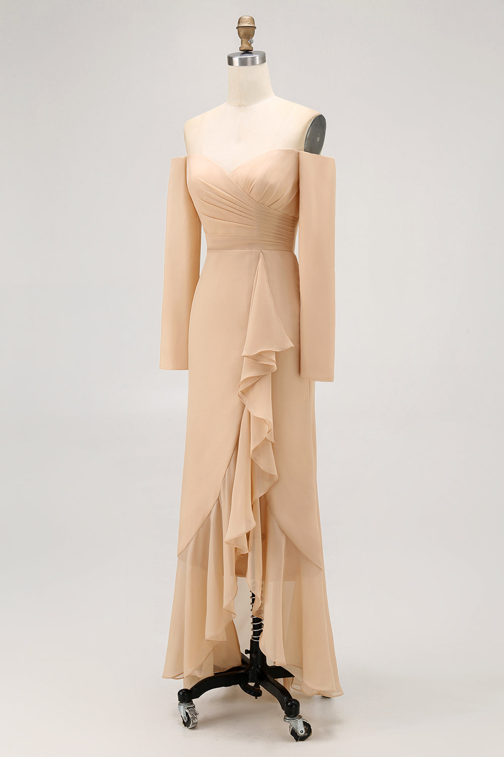 Champagne Off the Shoulder Sheath Long Bridesmaid Dress with Ruffles