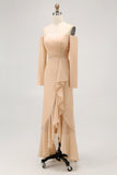 Champagne Off the Shoulder Sheath Long Bridesmaid Dress with Ruffles