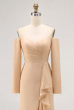 Champagne Off the Shoulder Sheath Long Bridesmaid Dress with Ruffles