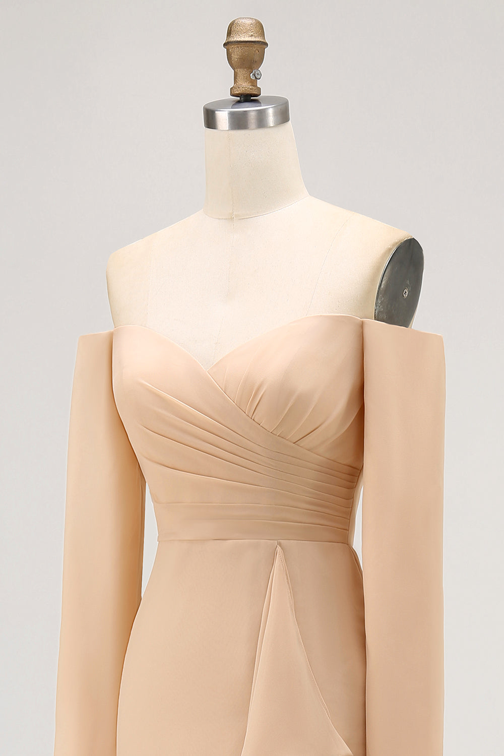 Champagne Off the Shoulder Sheath Long Bridesmaid Dress with Ruffles