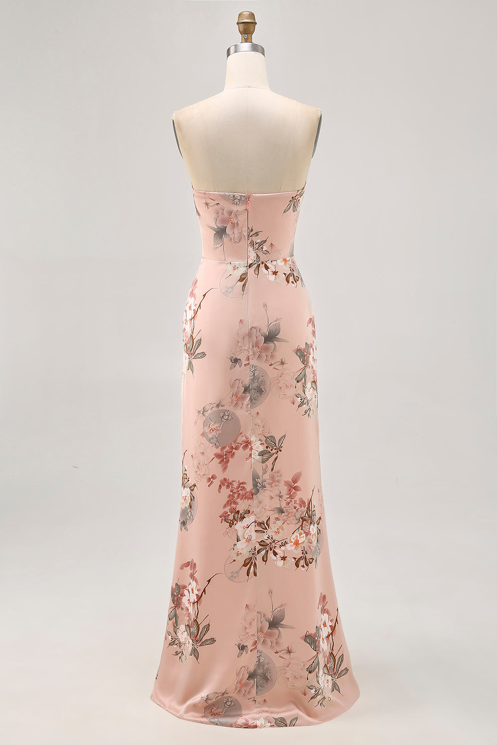 Blush Strapless Floral Long Satin Wedding Guest Dress with Slit