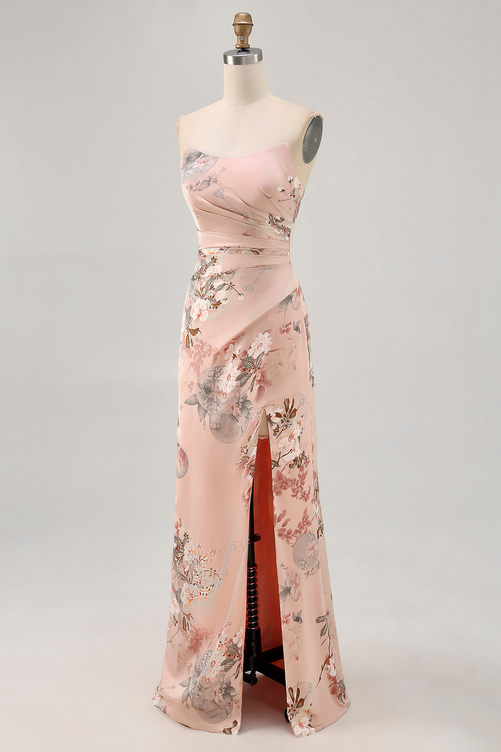 Blush Floral Satin Strapless Long Wedding Guest Dress with Slit
