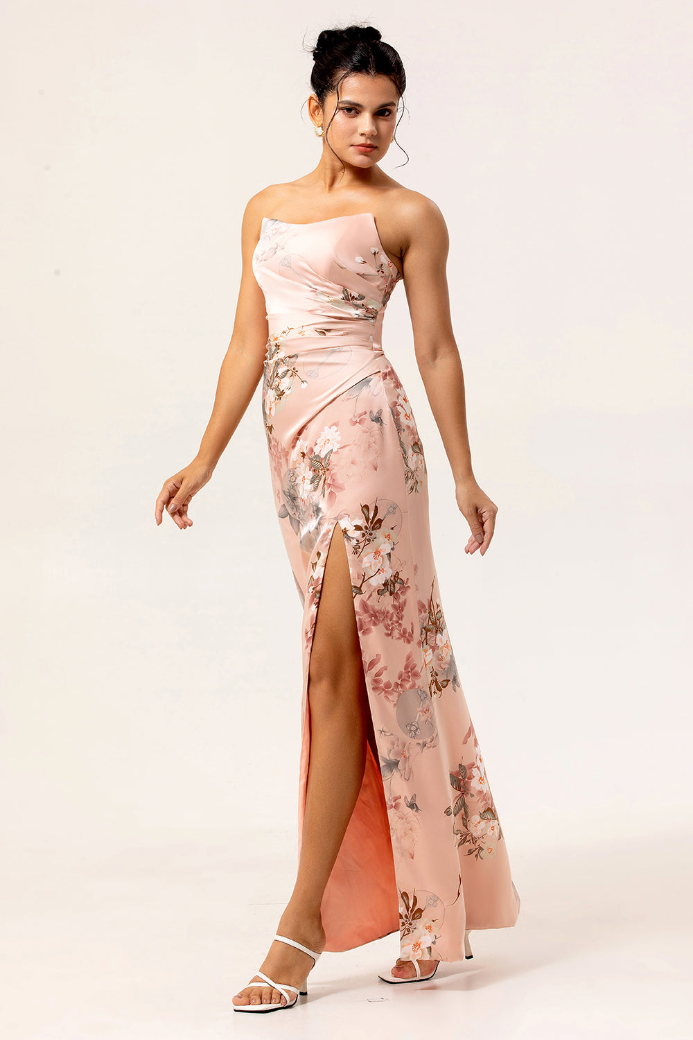 Blush Strapless Floral Long Satin Wedding Guest Dress with Slit