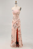Blush Floral Satin Strapless Long Wedding Guest Dress with Slit