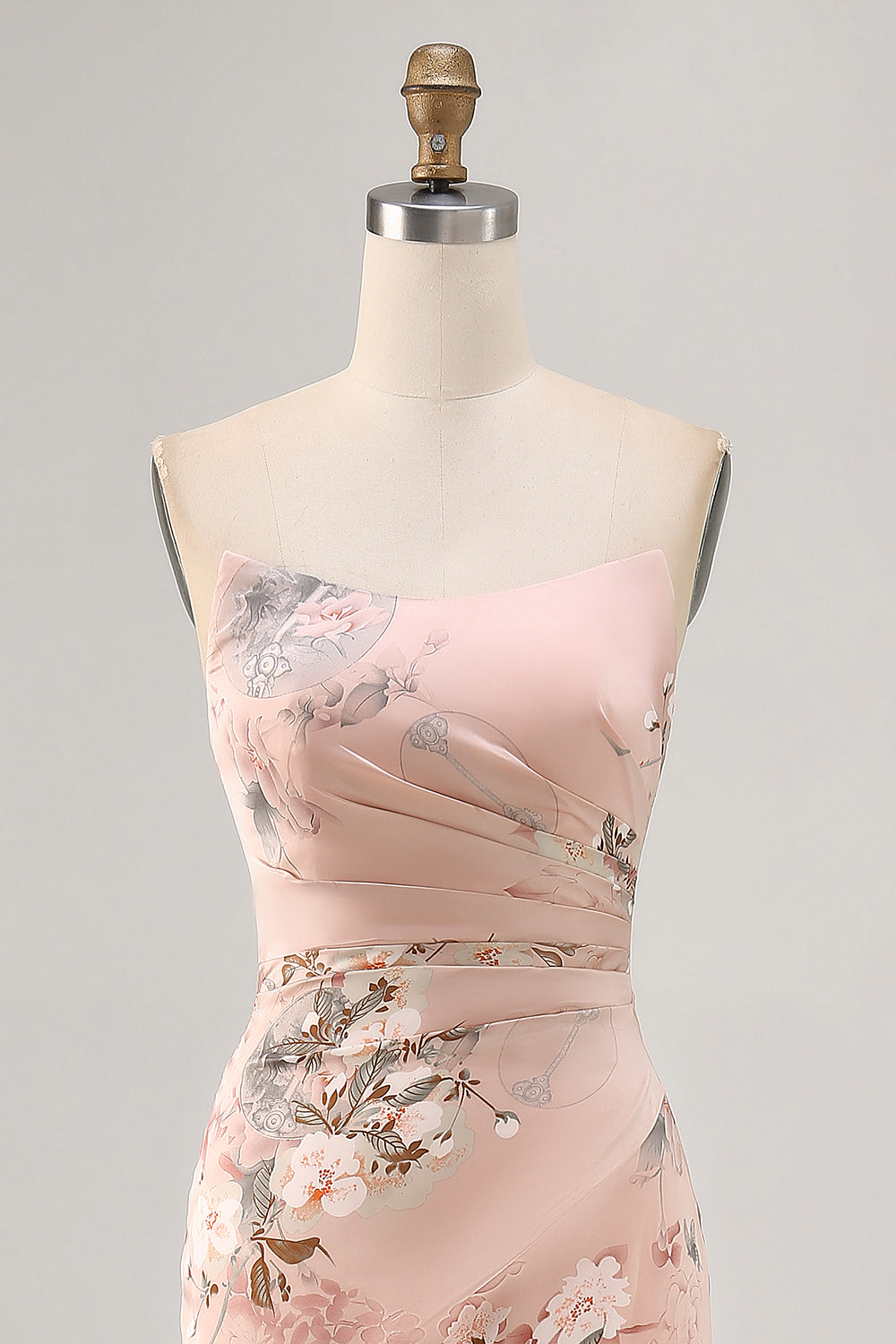 Blush Floral Satin Strapless Long Wedding Guest Dress with Slit
