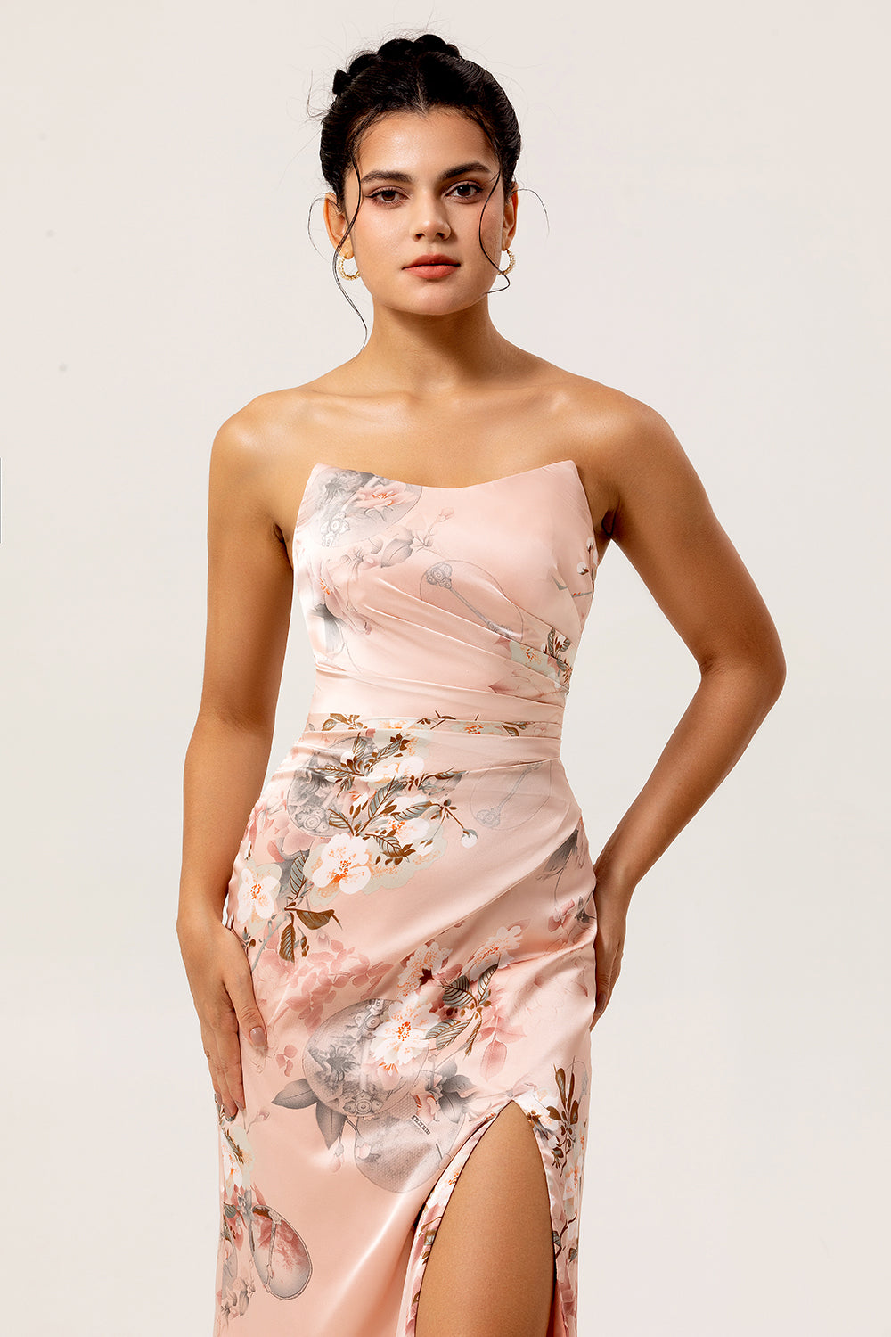 Blush Strapless Floral Long Satin Wedding Guest Dress with Slit