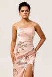 Blush Strapless Floral Long Satin Wedding Guest Dress with Slit