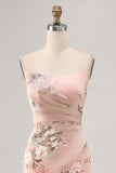 Blush Floral Satin Strapless Long Wedding Guest Dress with Slit