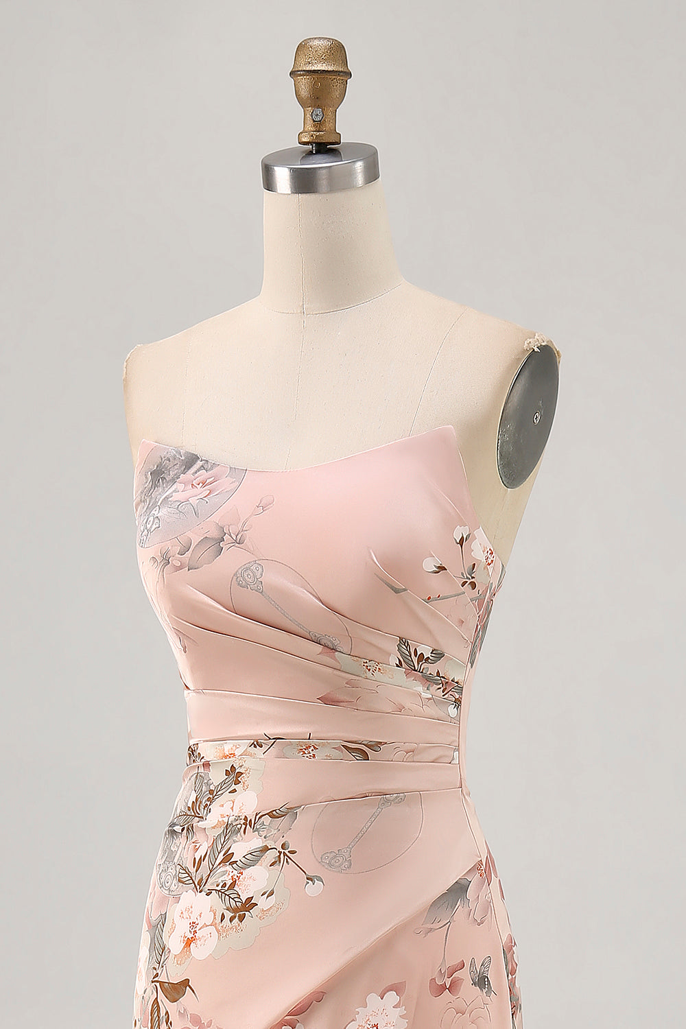 Blush Floral Satin Strapless Long Wedding Guest Dress with Slit