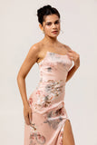Blush Strapless Floral Long Satin Wedding Guest Dress with Slit