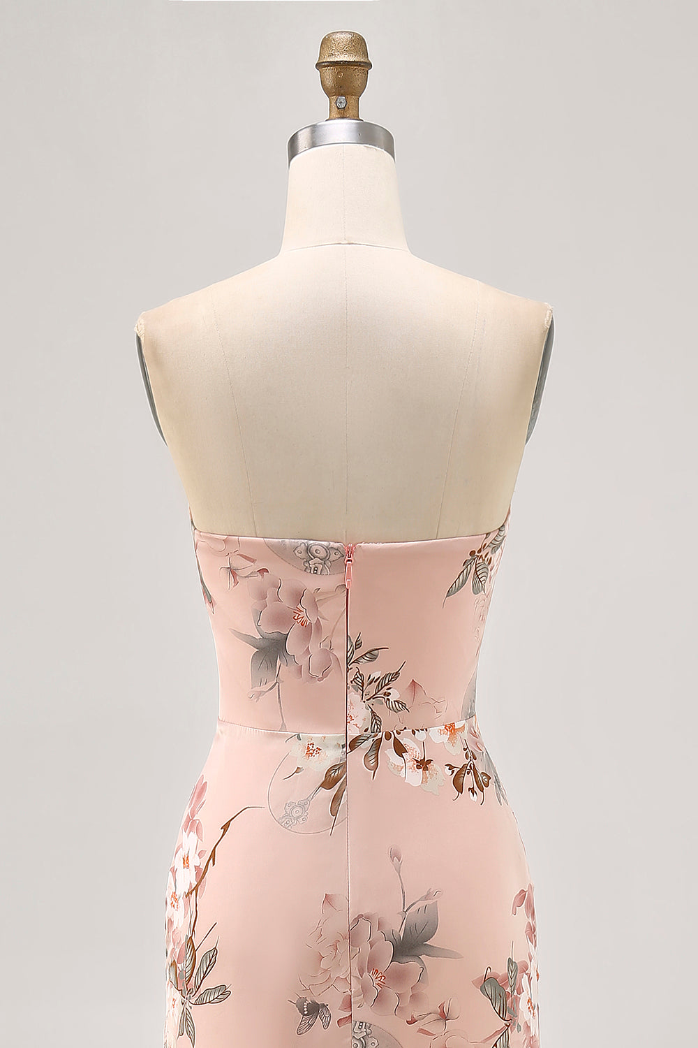 Blush Floral Satin Strapless Long Wedding Guest Dress with Slit