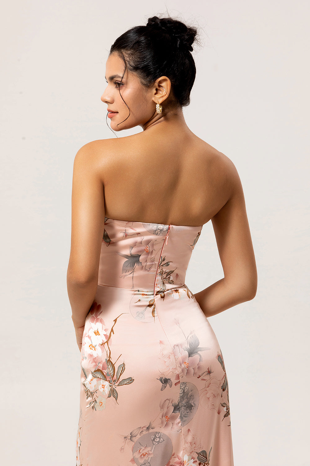 Blush Strapless Floral Long Satin Wedding Guest Dress with Slit
