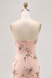 Blush Floral Satin Strapless Long Wedding Guest Dress with Slit