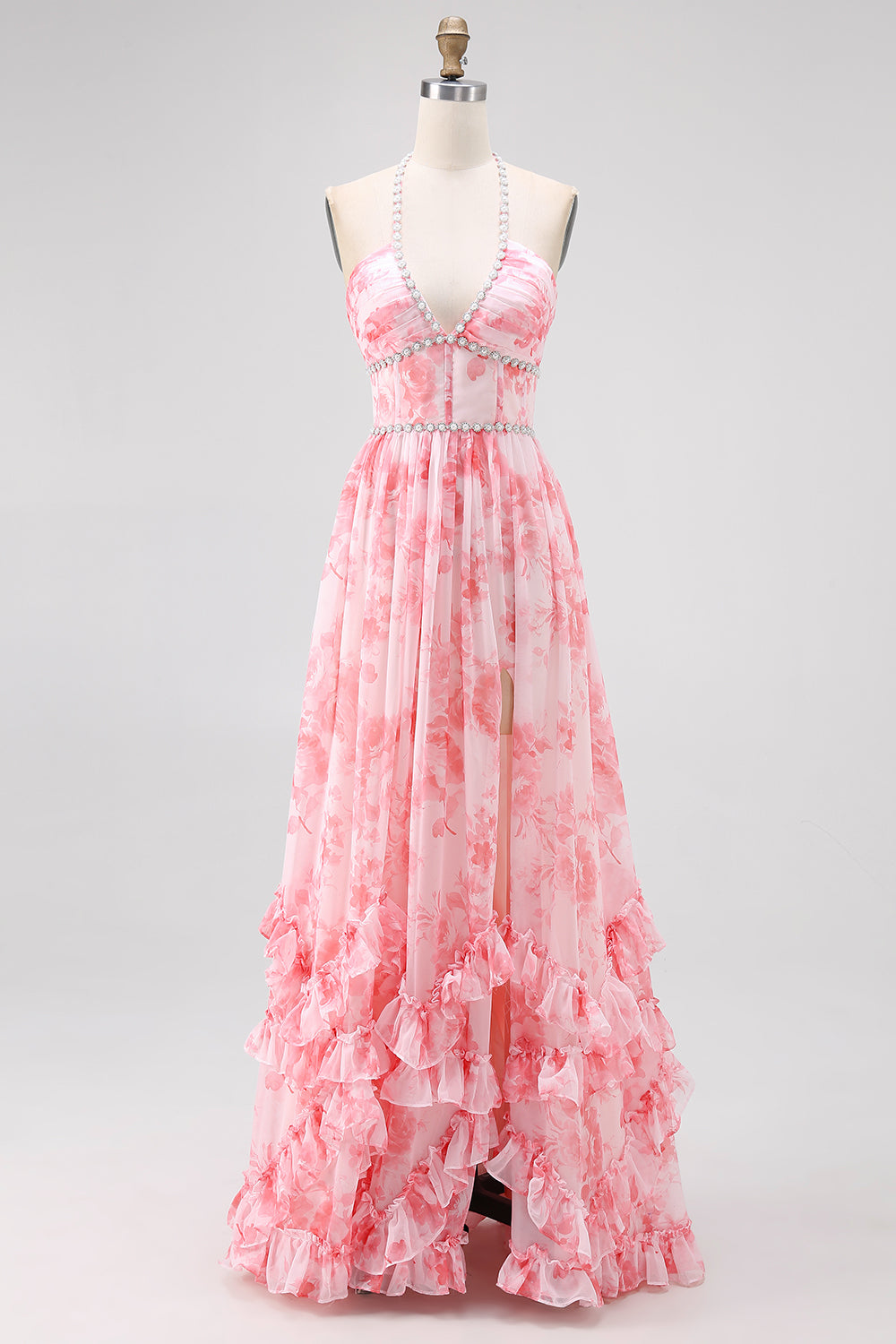Sparkly Blush Corset Floral Ruffled Pearls Long Bridesmaid Dress with Slit
