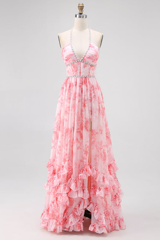 Sparkly Blush Flower Ruffled Corset Pearls Long Bridesmaid Dress with Slit
