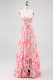Sparkly Blush Corset Floral Ruffled Pearls Long Bridesmaid Dress with Slit