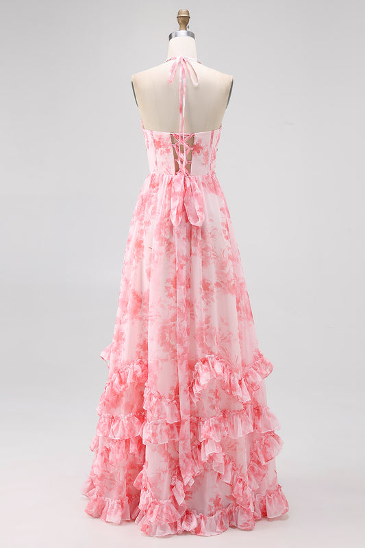 Sparkly Blush Flower Ruffled Corset Pearls Long Bridesmaid Dress with Slit